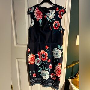 EUC New York & Company Navy Floral Midi Sheath Dress SZ L